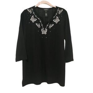 Karen Brooks Black V-Neck Tunic Top w/ White Butterflies & Rhinestones sz Large